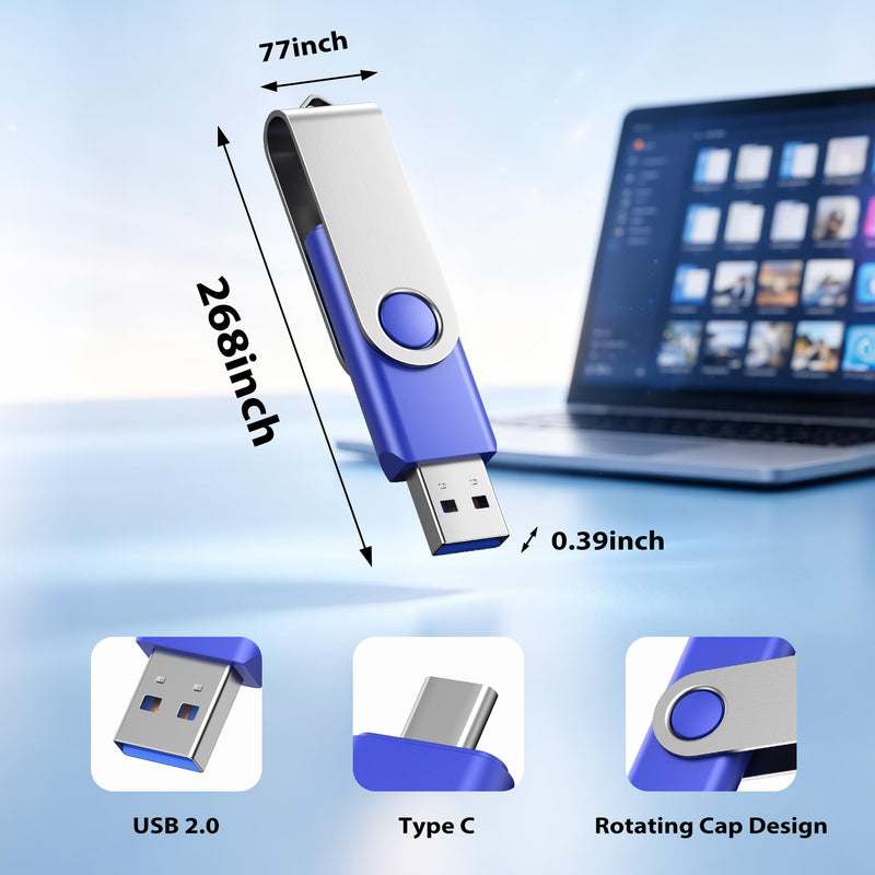 2-Pack 32GB USB-C & USB 2.0 Flash Drive for Storage, Blue 32GB-2pcs