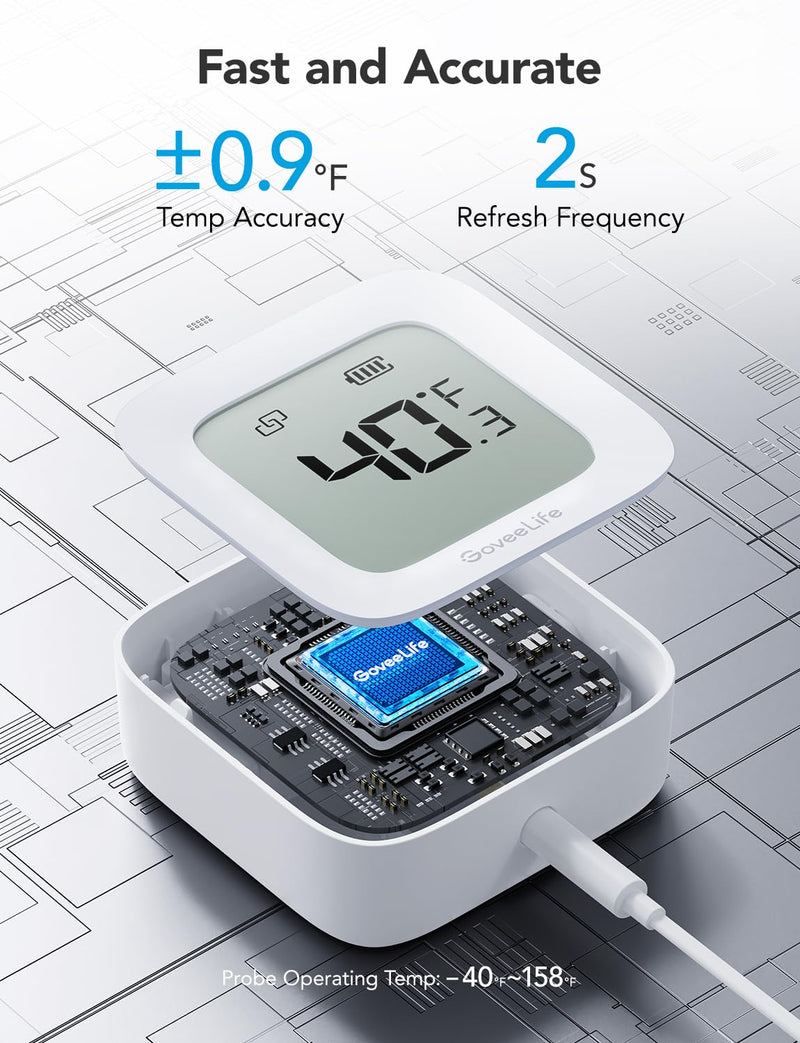 GoveeLife WiFi Refrigerator Thermometer with Alarm, Wireless Digital Freezer Temperature Gauge with App Control, LCD Display, 2 Years Free Data Export, for Fridge Hot Tub (Only Support 2.4G WiFi) 1 Gateway + 1 Sensor