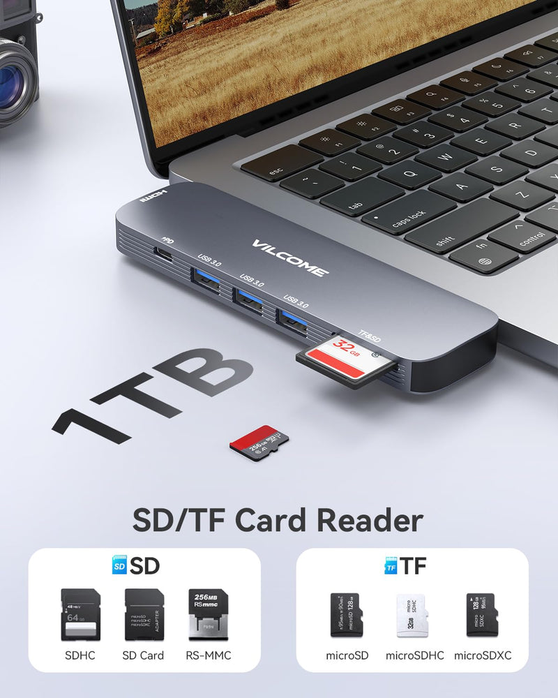 Vilcome USB C Adapter for MacBook Pro/Air M1 M2 M3 2023 2022 2021 2020 2019, 7-in-2 USB-C Hub MacBook Pro Accessories with Thunderbolt 3 PD Port, 4K@60Hz HDMI, 3 USB 3.0 Ports, TF/SD Card Reader Grey
