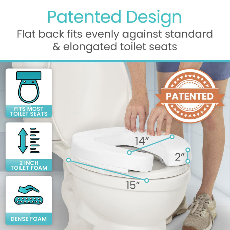 Vive Toilet Seat Riser Cushion for Seniors - Universal Fit - Raised Toilet Seat with High-Density Foam for Elongated & Standard - Firm Handle, Cushioned & Padded - Elevated Medical Handicap Lifter White Dense Riser 2” Height