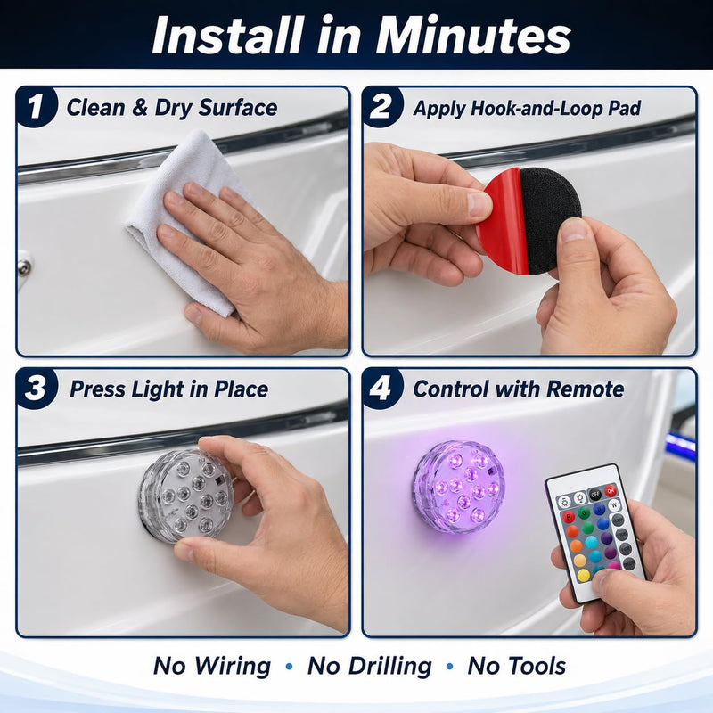 Seaponer Boat Lights Wireless Battery Operated, Waterproof Marine Led Light for Deck Courtesy Interior Lights, Fishing Kayak Duck Jon Bass Boat, RGB Multi Color Remote Controlled, 4pcs