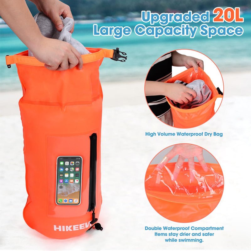 Hikeen Swim Buoy with Dry Bag 20L - Waterproof Touchscreen Large,Fully Waterproof Swim Safety Float for Open Water Swimmers and Training Triathletes, Kayaking, Be Bright, Be Safer