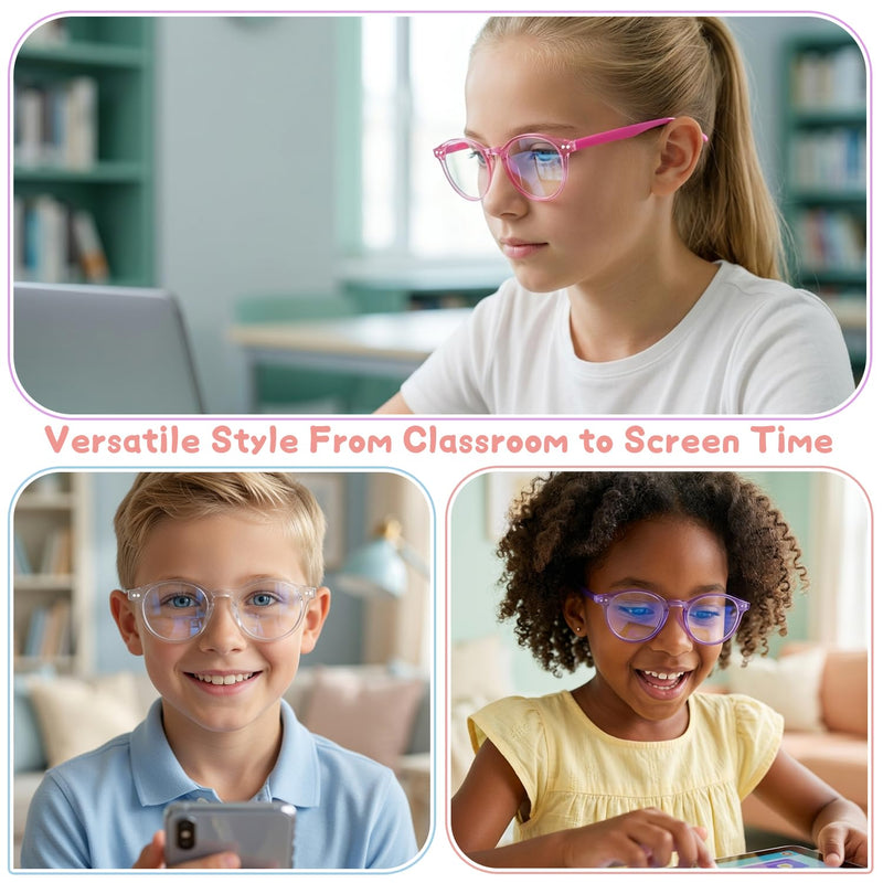 3 Pack Kids Blue Light Glasses, Lightweight Round Frame 6-15 | Blue Light Glasses for Kids girls and boys, Toddler Kids Clear Eye Glasses UV400, Fake Glasses Crystal Purple + Pink + Clear Aged 6-15 3