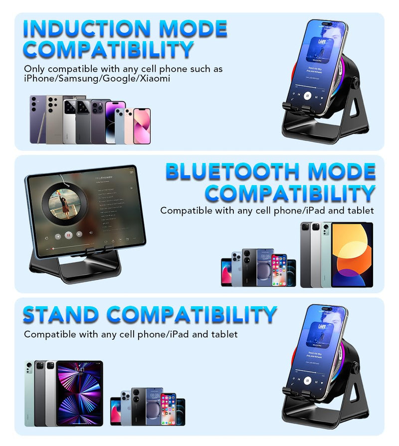 Bluetooth Speaker, 4-in-1 Wireless Induction Speaker & RGB Light Stand Multi-Functional Phone Stand Instant-Connect Stereo Sound, 360° Adjustable Holder for iPhone/Android/iPad/Samsung