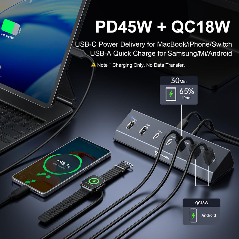 7 in 1 USB C Hub with 10Gbps Data Transfer, PD 45W & QC 18W Fast Charging | Ergonomic Tilt and Non-Slip Base, Powered USB Hub with 24V/3A Power Adapter for MacBook, PC and More(Gery) Gery 7 IN 1