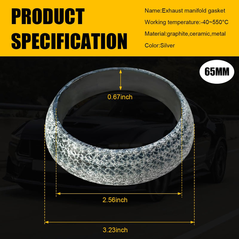 ID 65mm Car Exhaust Gasket, High Grade Graphite Flange Gasket Seal Muffler Ring for Piping Connection, Leakproof Manifold Exhaust Donut Gaskets Replacement for SUV Truck RV