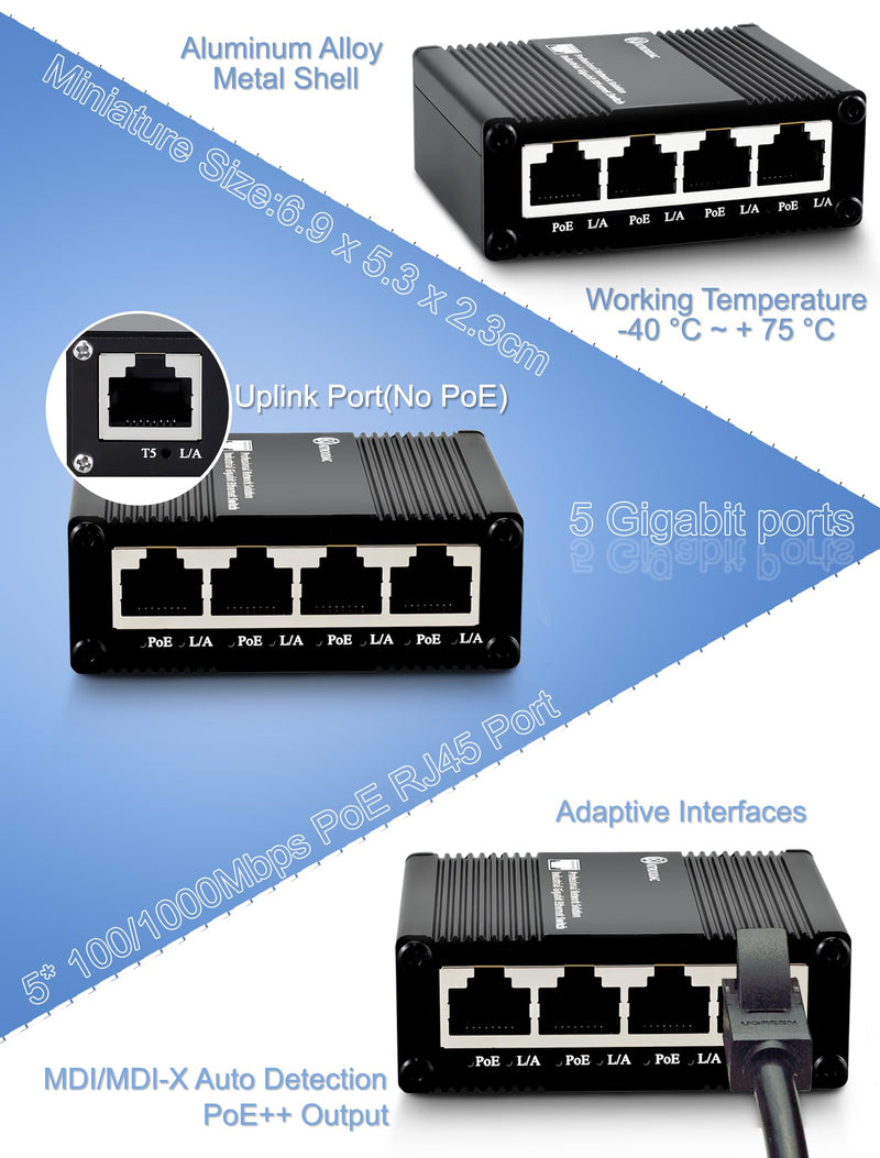 5 Ports Gigabit PoE+ Mini Ethernet Switch - 4 PoE+ @ 120W With 1 Uplink Port, 802.3at Enhanced Protection, Unmanaged Network Switch, Plug & Play, Sturdy Metal Housing, Desktop Design 5-Ports | 4 Ports PoE+,120W