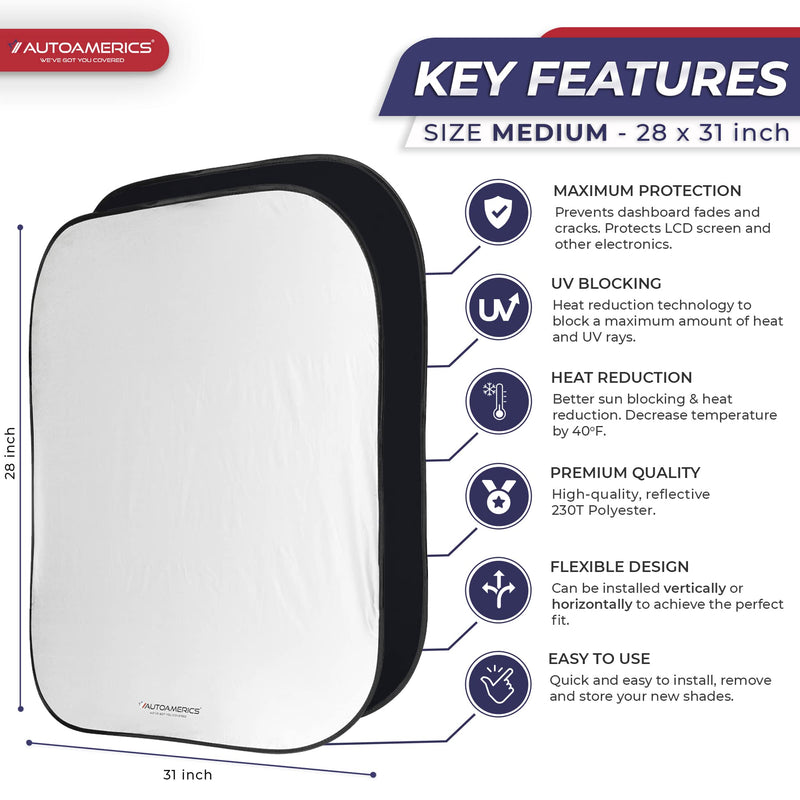 Autoamerics Windshield Sun Shade 2-Piece Foldable Car Front Window Sunshade for Most Sedans SUV Truck - Auto Sun Blocker Visor Protector Blocks Max UV Rays and Keeps Your Vehicle Cool - Medium Fit STANDARD SILVER STANDARD (MEDIUM)