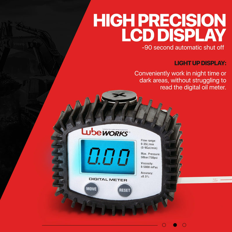 Oil Control Meter Digital 1-35lpm / 1-10gpm Heavy Duty 3V Batter Powered for Motor, Synthetic Hydraulic, Gear Oil, Transmission Fluid in Liter, Gallon, Pint and Quart (Meter Only)