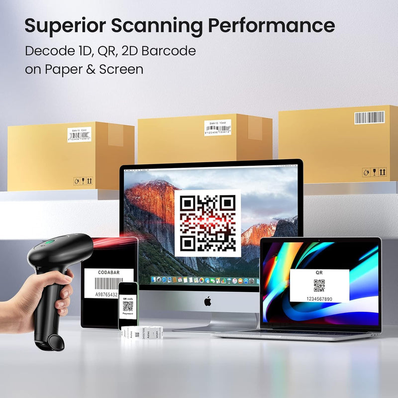 Barcode Scanner with Stand, 2D 1D Code Bluetooth Scanners and Wireless Barcode Scanner, USB Wired Scanners for Computer POS, Handheld Bar Code Reader for Warehouse Library Supermarket