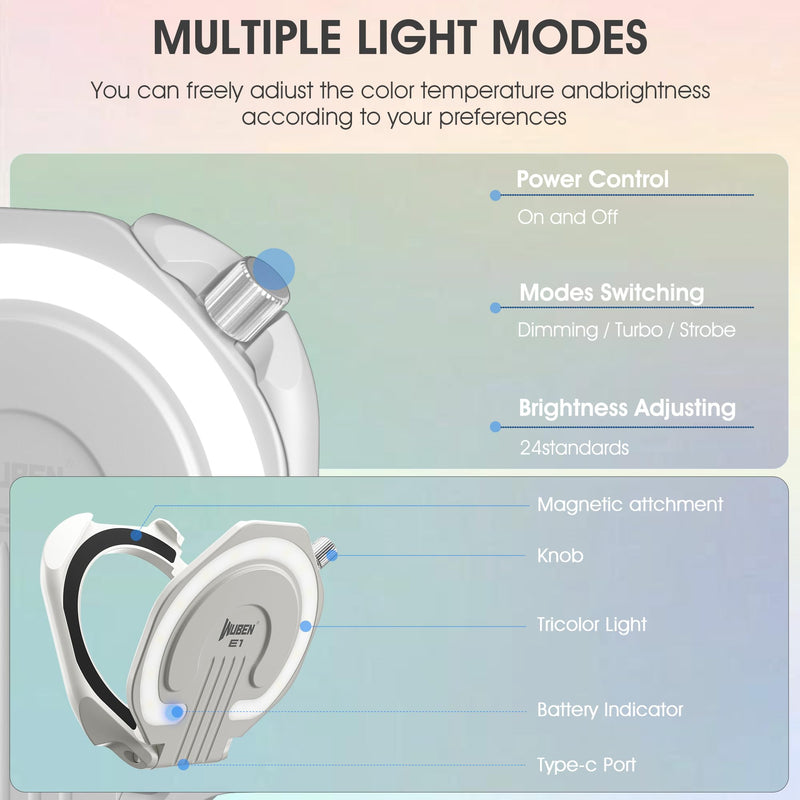 WUBEN E1 Selfie Light, USB-Rechargeable LED Phone Light with Magnetic, 3000-6000K Adjustable Color Temperature, Portable Phone Flashlight for Selfies, TikTok, Video, Vlogging (White) White