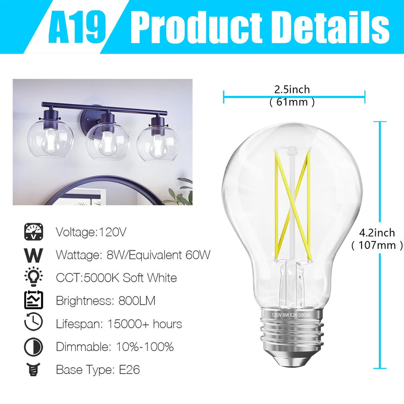 DAYBETTER 12 Pack A19 Vintage LED Edison Bulbs, 60W Equivalent Dimmable LED Bulbs, High Brightness 5000K Daylight, 800 Lumens, 8W E26 Standard Base, Ultra-Bright, CRI80+, Clear Glass Filament Bulb Daylight White 5000k