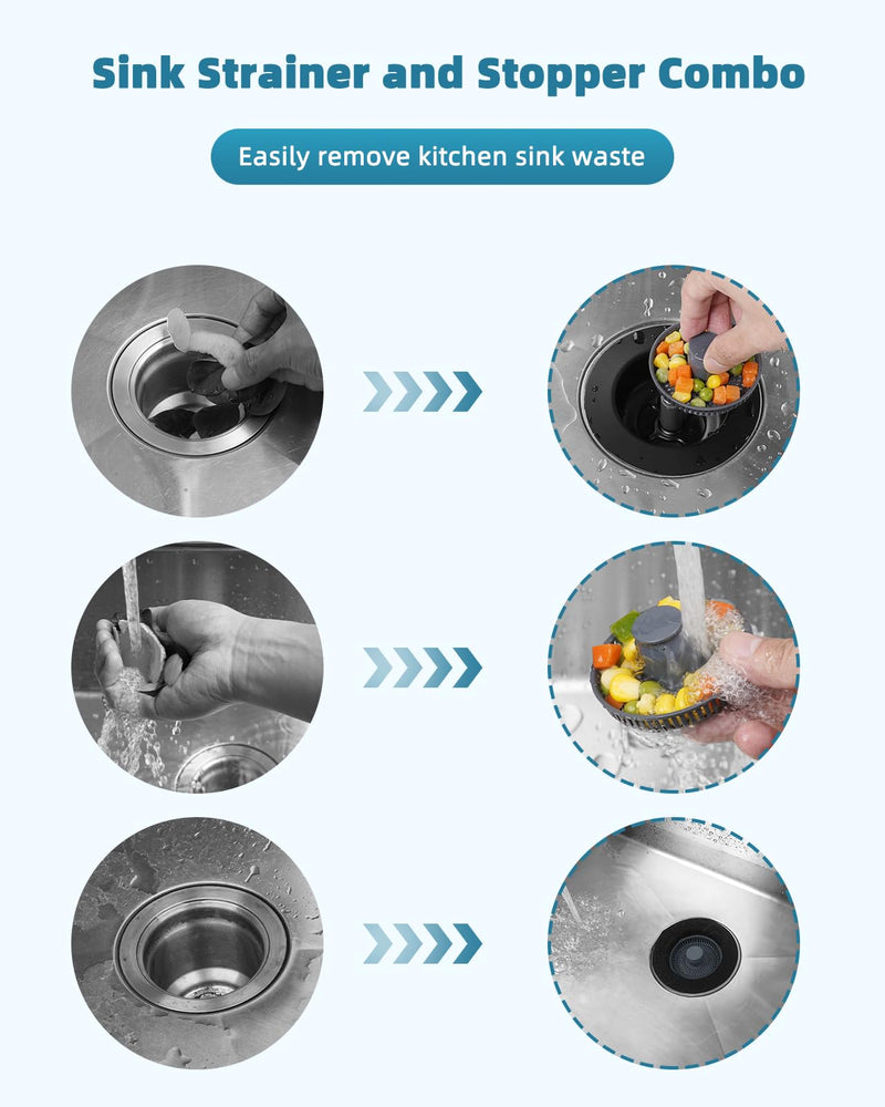 Universal 3 in 1 Kitchen Sink Drain Strainer Stopper Combo, 2PCS Matteblack Stainless Steel Shell Pop Up Sink Stopper for US Standard 3-1/2 inch Drain Filter, Anti-clog and Easy Clean 2 Black Metal Shell with Flat Handle Strainer
