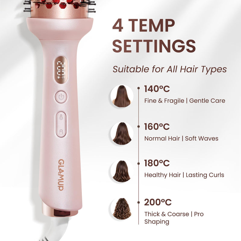 GLAMUP® Beauty Infrared Thermal Brush 45mm, Fine Damaged Hair Blowout Look | Healthier Heat for High-Gloss Shine, Extended Barrel Volumizer, Anti-Frizz Soft Waves & Face-Framing Flicks, Dual Voltage Whisper Pink