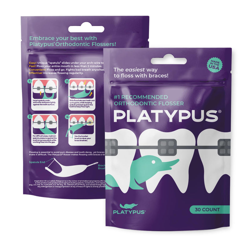 Platypus Orthodontic Flossers for Braces, 30 Count (Pack of 6), Ortho Picks for Adults & Kids, Fits Under Arch Wire, Non-Damaging, Encourage Flossing Habits Unflavored 30 Count (Pack of 6)