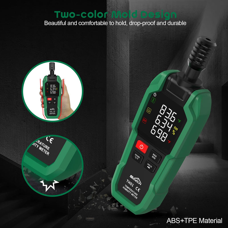 Temperature Humidity Meter, SQECH Digital Hygrometer with Ambient Thermometer,Dew Point,Wet Bulb,Flashlight,Max/Min,Data Hold,High Precision Psychrometer Monitor with Color Backlight for Home HVAC