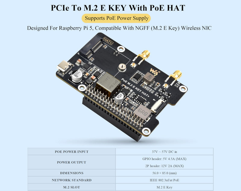 Pi5 PCIe to M.2 E Key Adapter with PoE Function Compatible with Raspberry Pi 5, Support 2230 Size NGFF (M.2 E Key) Wireless NIC-AX210/AX200/BE200/RTL8822CE and Gen2 and Gen3 Modes, HAT+ Standard