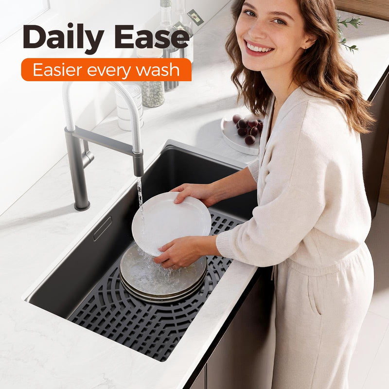 Snuggery Silicone Sink Protector 28"x15" Center Drain Hole, Heat Resistant Non-slip Dishwasher Suitable, Large Mat for Bottom of Farmhouse Kitchen Stainless Steel Sink(Grey) 28x15 center