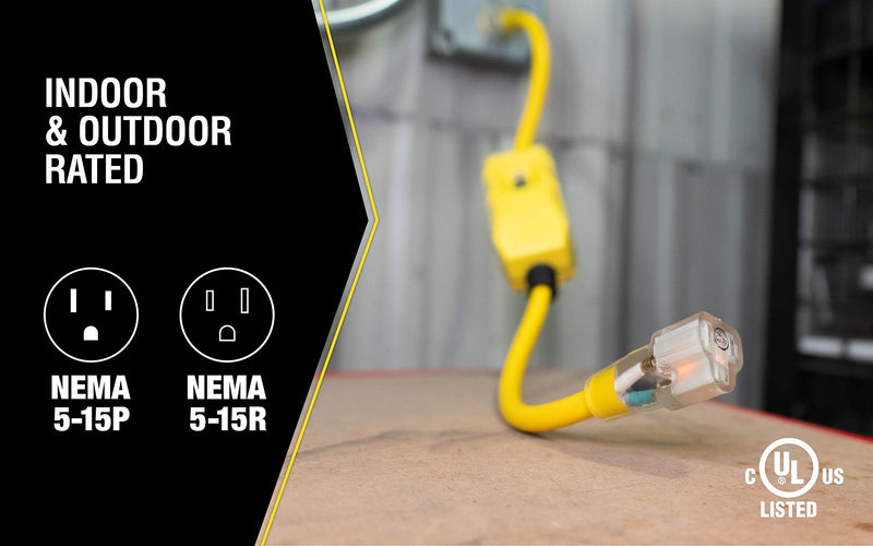 Southwire Yellow Jacket Heavy Duty Extension Cord with In-Line GFCI - 2 Ft - 12 Gauge - 3 Conductor - 15 AMP - Lighted End - 1 Outlet - SJTW - Yellow - 2817