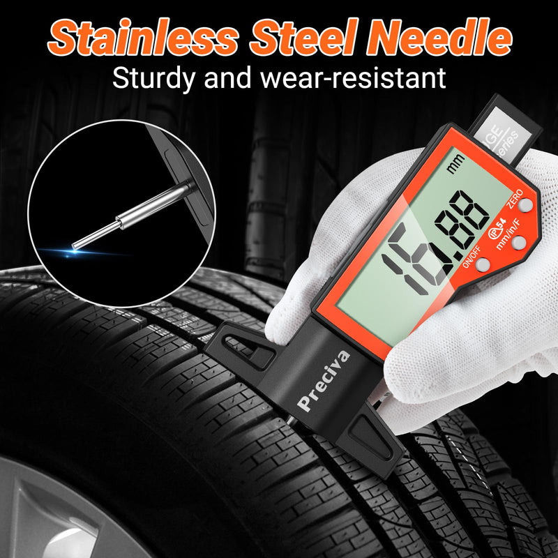Preciva Tire Tread Depth Gauge, Digital Tire Depth Gauge with Large LCD Display and Inches, Millimeters, Fraction Conversion, Tread Depth Gauge Suitable for Thread Depth, Brake Shoe and Pad Wear Orange