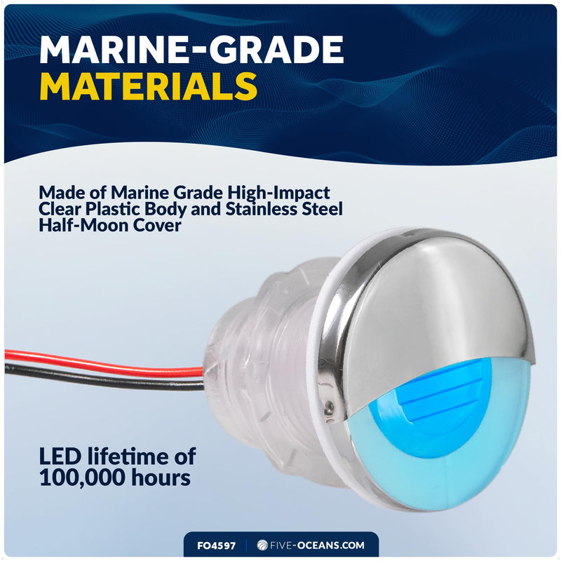 Five Oceans LED Boat Courtesy Lights, 1-5/16-Inch Round, 316 Stainless Steel Half Cover, IP68 Waterproof, Blue, 12V, Thru-Hull Mount for Livewell & Underwater Light on Boats - FO4597 1-5/16" Round Half-Moon Cover, Blue LED, 1-Pack