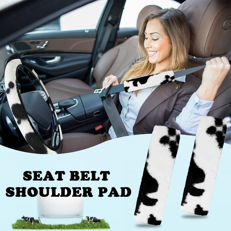 JINGSEN11 Pieces Fluffy Car Accessories Set,Fluffy Cow Print Plush Steering Wheel Covers for Women Soft Fleece Handbrake Cover Shift Cover Car Trim Warm Non-Slip (Black) black