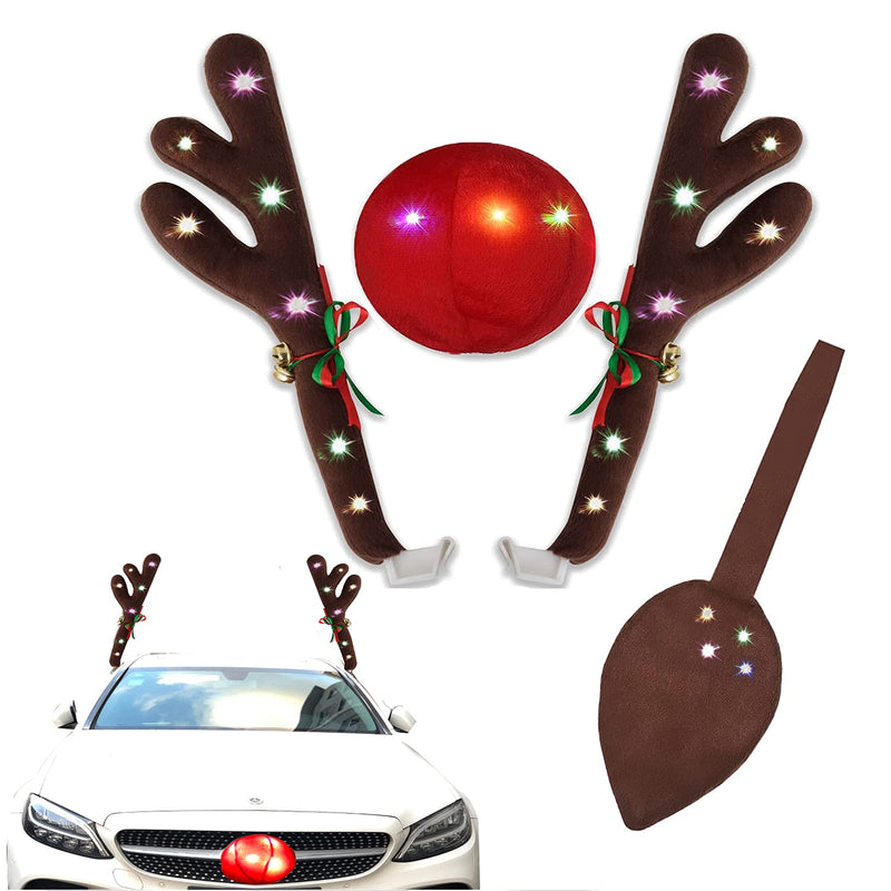Car Reindeer Antler Kit with LED Light Christmas Auto Decorations Lighted Antlers and Nose with Jingle Bells Character Kit,Car Accessory (Multicolor)