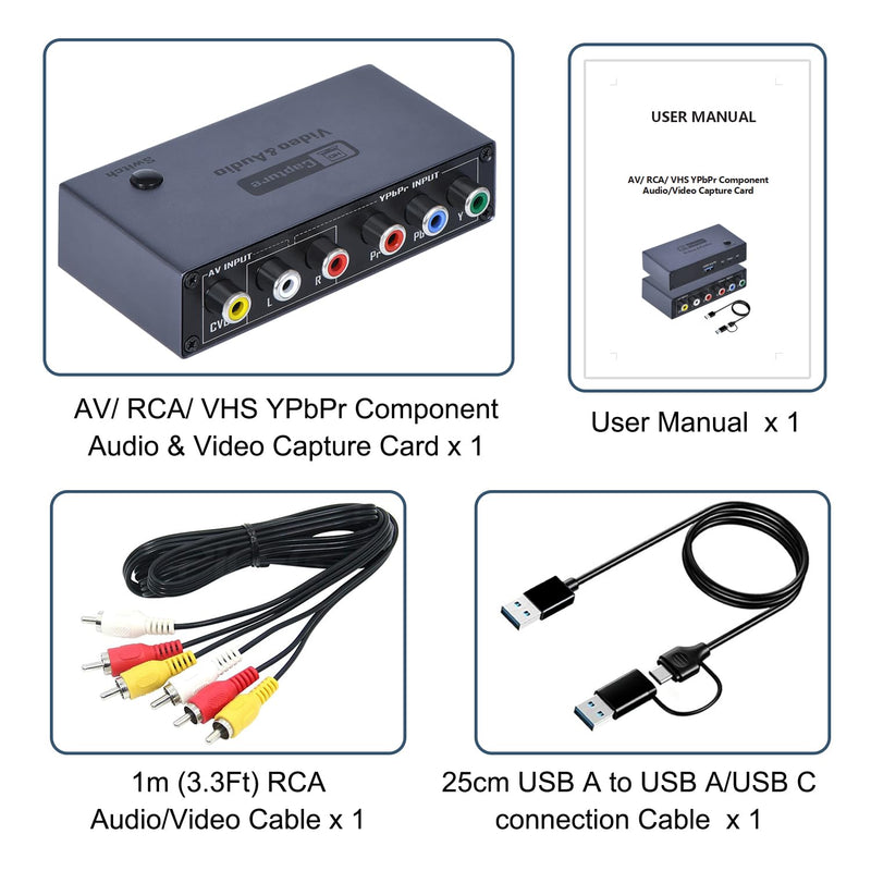 2026 Upgraded VHS RCA YPbPr to Digital Converter, 1080P 60Hz Component Composite Audio Video to USB Video Capture Card for VHS VCR DVD PS2 Wii N64, Compatible with Windows Mac Linux Android