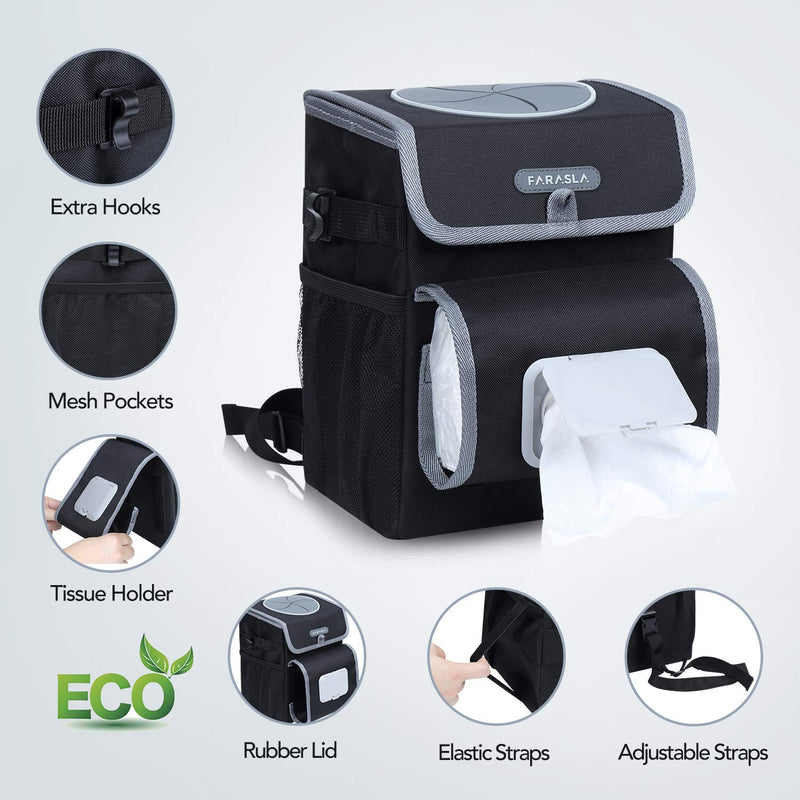 Farasla All-in-One Car Trash Can, Garbage Bag for Car with Removable Leakproof Interior Liner, Adjustable Tissue Holder & Straps(Black) Black-deluxe