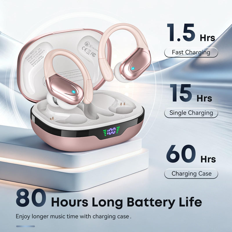 HAOYUYAN Sports Bluetooth Headphones, 80Hrs Playtime Wireless Earbuds with LED Power Display, IPX7 Waterproof Earphones for Workout/Running, Noise Canceling Headset Ear Buds Rose Gold