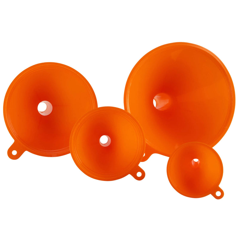 Plastic Funnel for Automotive Use - Kitchen Funnels for Filling Bottles, Jars, Containers or Lab Use - Oil Funnel for Gas, Car Oil, Lubricants and Fluids (Orange-4 Pack) Orange-4 Pack