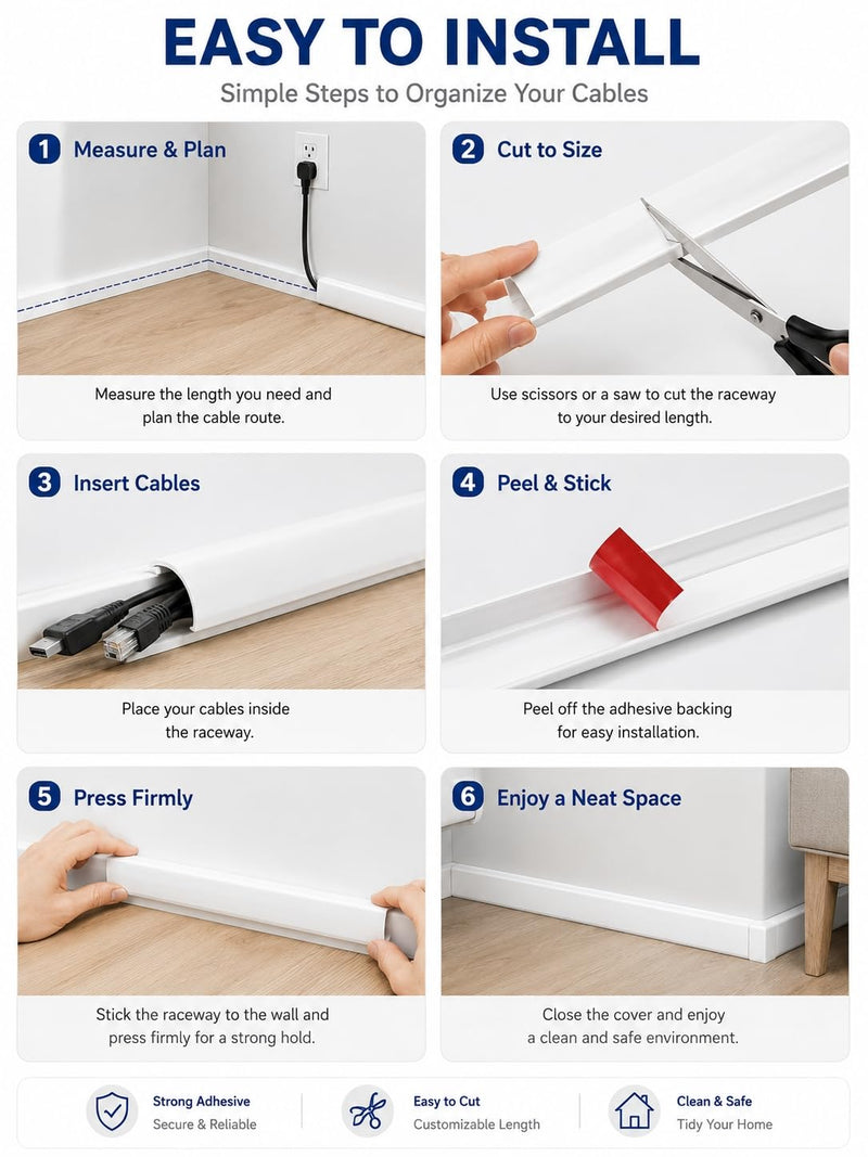 2m Soft PVC Cord Cover, Low Profile Floor Cable Channel, Cuttable Surface Mount Wire Duct for Home Office Wire Management White