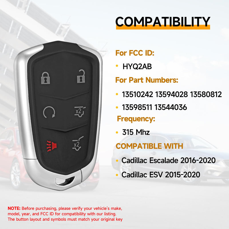 2 Pcs Smart Key Fob Replacement Fits for Cadillac Escalade 2016-2020 Cadillac ESV 2015 2016 2017 2018 2019 2020 Car Keyless Entry Control Remote HYQ2AB 315Mhz