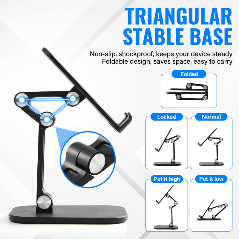 Foldable Desk Phone Stand, Adjustable Phone Holder, Heavy Non-Slip Base, Charging Hole, Thick Case Friendly Cradle for Most Smartphones, iPhone Samsung iPad Tablet Home Office Travel
