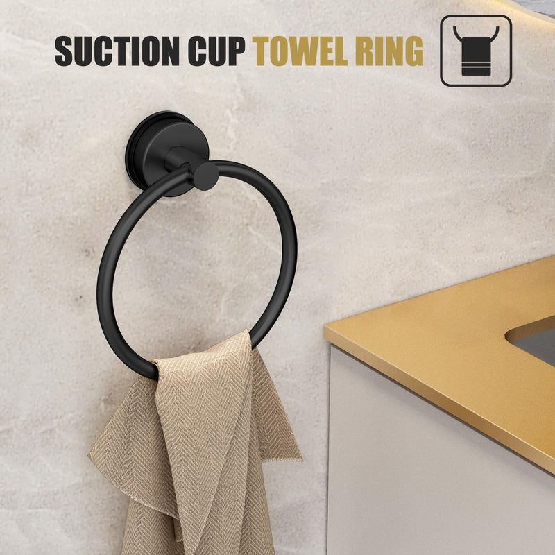 BKV Suction Cup Towel Ring,Hand Towel Holder for Bathroom,Stainless Steel Heavy Duty Round Towel Hanger for Bath,Kitchen-Matte Black