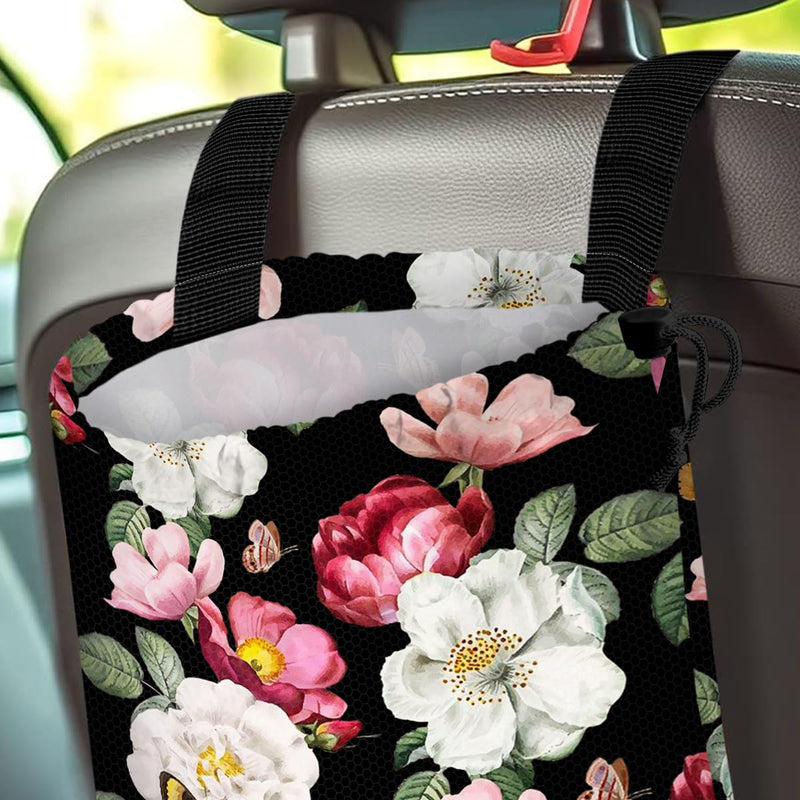 Car Trash Bag Hanging Back of Seat Waterproof Small Cute Printed One-handed Strap Drawstring Garbage Bags for Car-Black Floral Black Floral Car Trash Bag