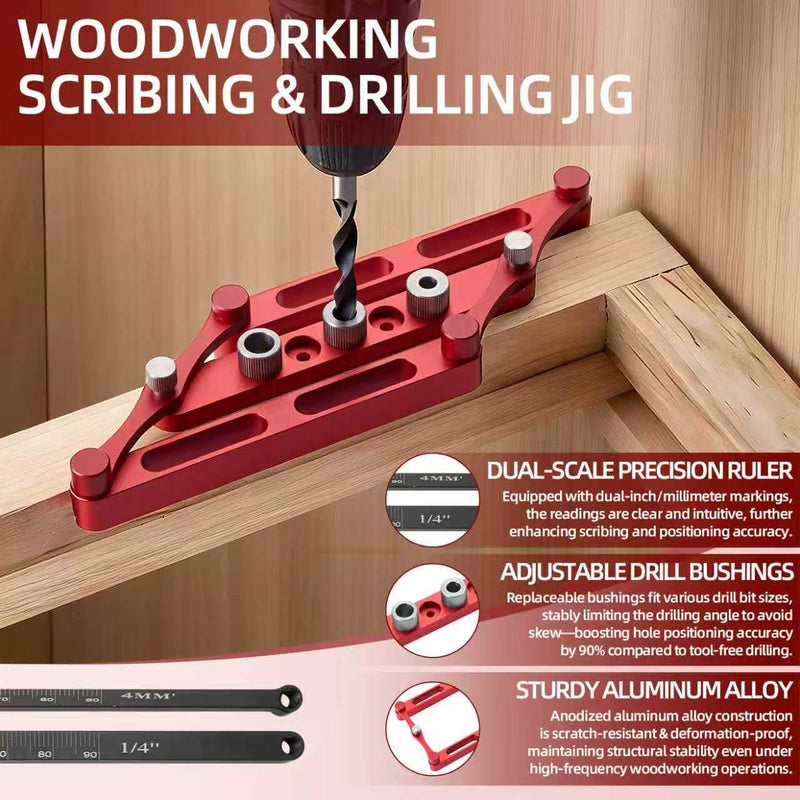 Center Finder Gauge with Interchangeable Rods，Self Centering Doweling Jig Woodworking Joinery Hole Drill Guide， Positioner Locator Tool ，Woodworking Marking