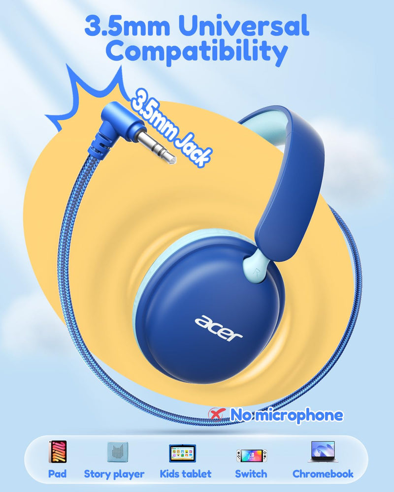 Acer OHW355 Kids Headphones with Cord for School,Over Ear Wired Headphones | 74/85dB Volume Limit, Foldable 3.5mm Jack, Stereo Sound, for Tablet/Computer/Travel/Chromebook-Blue Cyan Blue Cyan
