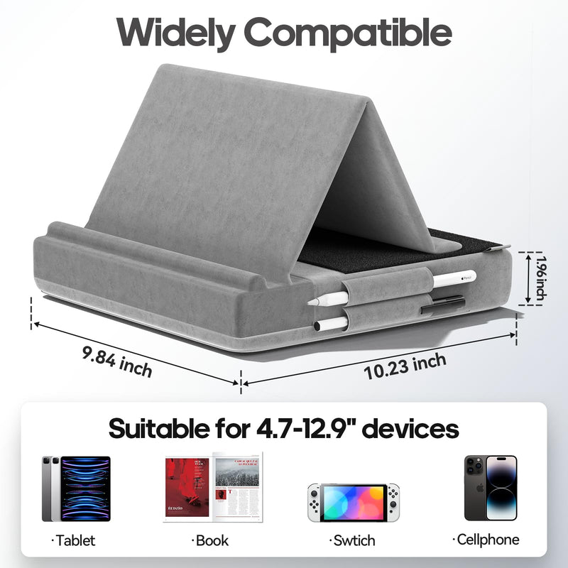 KDD Tablet Pillow Stand, Multi-Angle Viewing Ipad Holder for Lap, Bed and Desk, Foldable Soft Pad Dock with Stylus Mount Compatible with Ipad Pro 12.9, 10.5, 11, Air, Mini, Phones, Books, E-Reader Grey