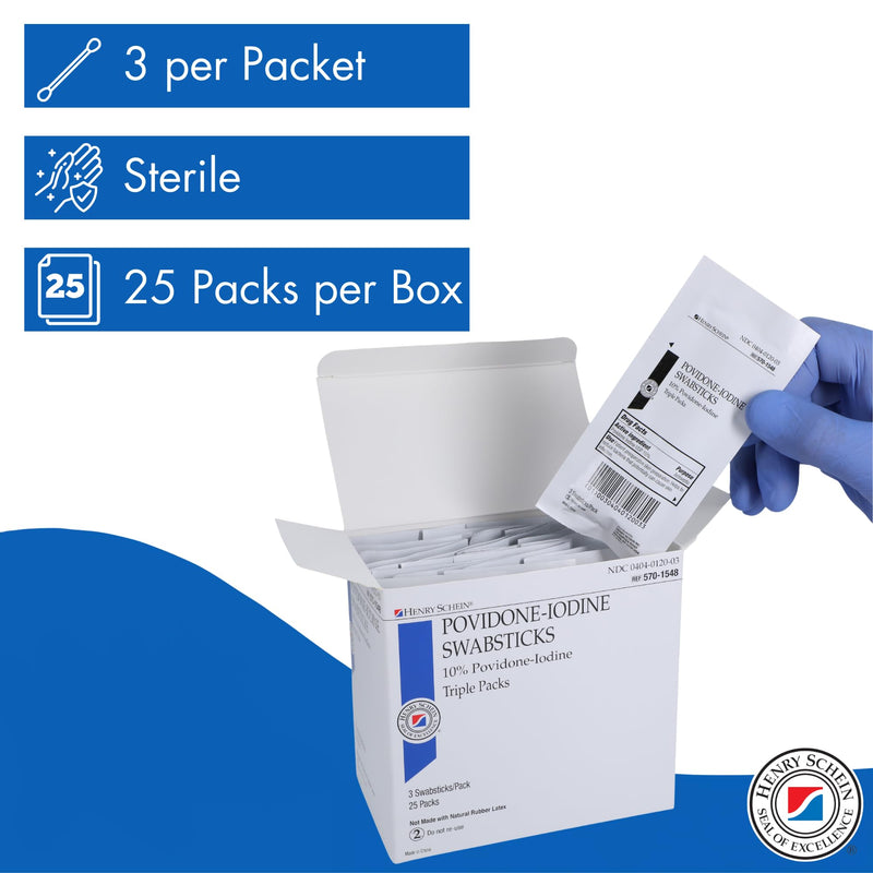 Henry Schein Prep Povidone-Iodine Swabsticks 3's, Individually Packed, Sterile, Antiseptic for Skin Preparation, 10% Povidone-Iodine- 50 Count (Pack of 2) White 50 Count (Pack of 2)