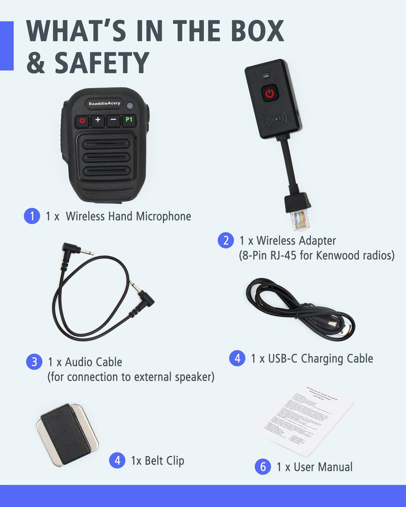 Wireless Speaker Microphone for Kenwood NX700 NX800 NX-820 NX-920 TK8180 TK7180 TK7360 TK8160 Car Walkie-Talkie Wireless Hand Long Range Mic with 360° Clip, USB-C Charging