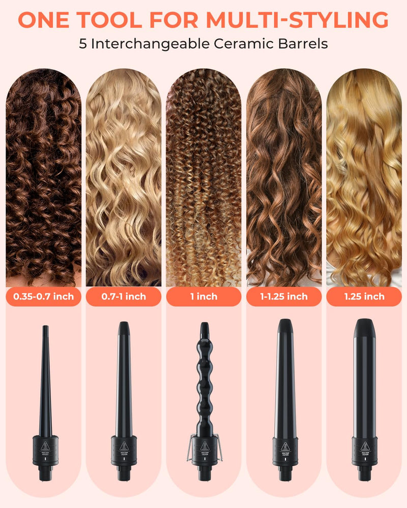 5 in 1 Curling Wand Set, Ohuhu Ceramic Barrels Hair Curler (9-32mm) | Dual Voltage, Heats in 30 Second, 356-410°F Adjustable, Travel-friendly, Lightweight, 2 Clips & Heat Glove, Gift for Women Black