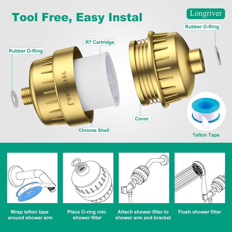 R7 Shower Filter High Put Shower Water Filter for Hard Water 99.99% Remove Chlorine, Shower Water Softener, Improve your skin and hair, Bathroom Fixture Hardware Parts, Brushed Gold, 2 Pack