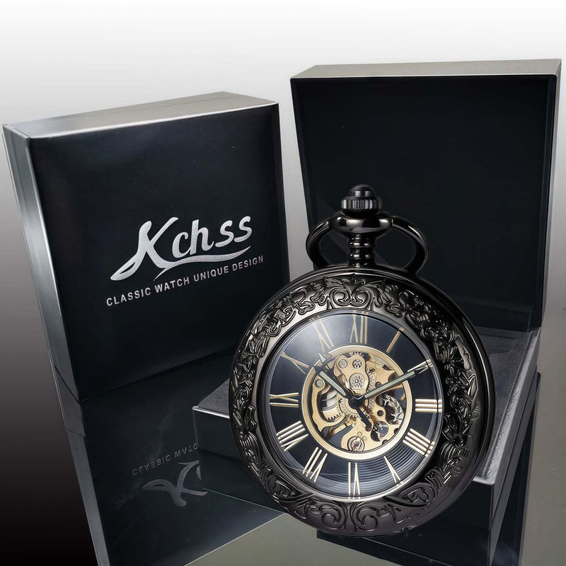 Mechanical Pocket Watch, for Men Women Special Magnifier Half Hunter Engraved Case Roman Numerals with Chain A-c. Black, Black