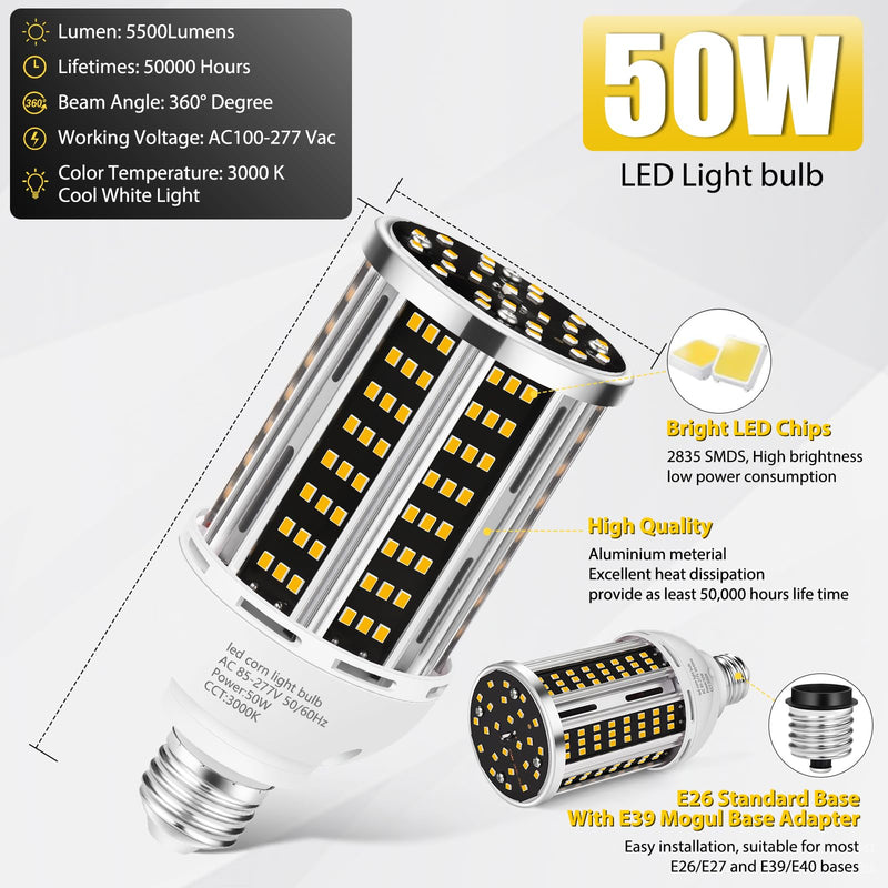 50W 2 pack LED Corn Light Bulb,3000K Warm White 6500LM(500W Equivalent ) Commercial GradeE26/E39 Medium Mogul Base LED Lamp,Large Area Lights For Outdoor Indoor Garage Warehouse Factory Bay Light 2pack 50.1w Corn Bulb