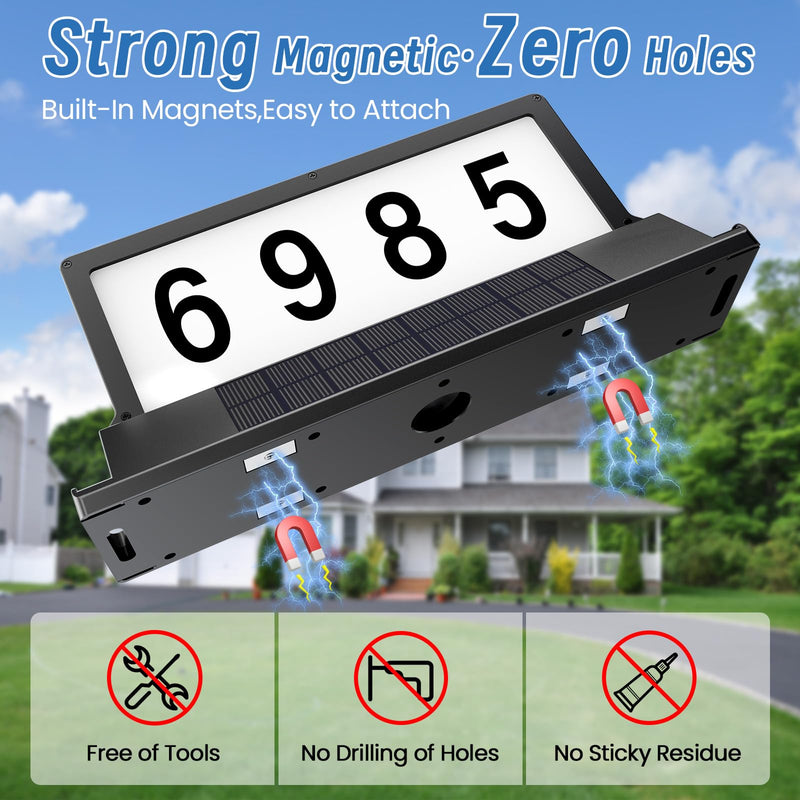 Solar Address Sign for House Numbers – Dual-Sided LED & Dual-Sided Solar Panels, 3 Color Modes, IP65 Waterproof Address Plaque, Strong Magnetic/Stake/Wall Mount, Dusk-to-Dawn for Mailbox Yard Driveway 1 Pack 3000/4000/6000K