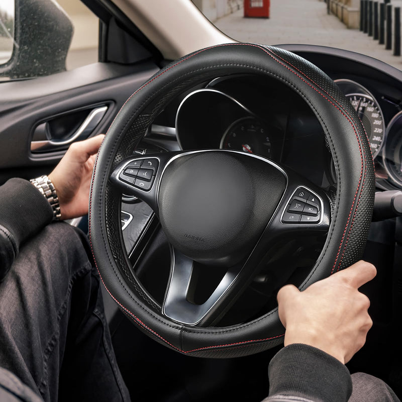 High-Grade Real Cowhide Steering Wheel Cover for Men Women，Black Genuine Leather Steering Wheel Cover for Cars,Universal 14.5-15 inch Steering Wheels Black Leather[14.5"-15"]