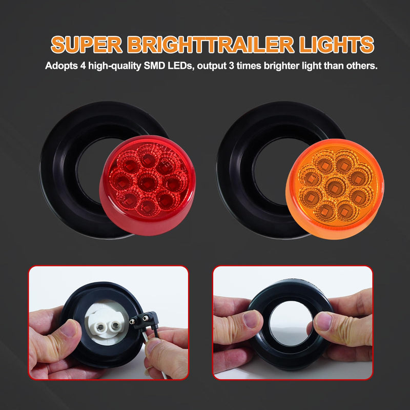 10Pack(5 Amber + 5 Red) 2" 9 LED Round Trailer Side Marker Light Grommet Flush Mount, [DOT Approved] Sealed 2 inch Clearance Lights with Reflex Lens for Truck RV Camper, IP67 Waterproof, 12V Amber/Red - 9 LED