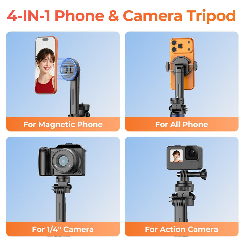 Kaitezenz 71" Auto Pop Open Magnetic Tripod for iPhone with Remote, 360° Rotation Cell Phone Selfie Stick Tripod Stand, Dual-Camera Tripod Compatible with Phone Camera