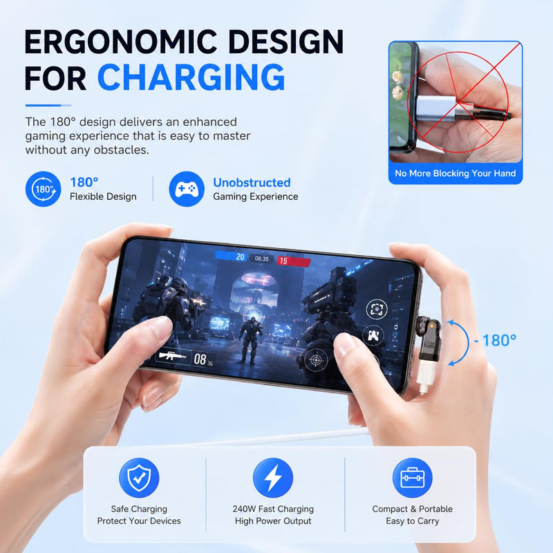 USB C Adapter, PD 240W USB C 90 Degree Adapter, USB Type C Adapter (3-Pack) | 360° & 180° USB C to USB C Right Angle Connector for Phone 17/16/15, Mac-Book Pro, Pad, Galaxy, Tablet, Laptop Series Gray Silver
